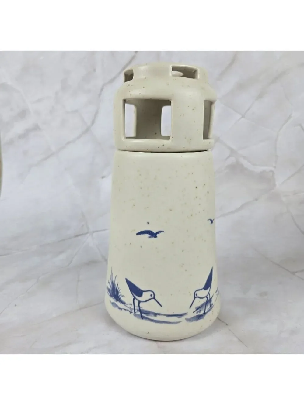 Vintage Sanibel Pottery 1984 Lighthouse Candle Holder Seabirds Cream Blue